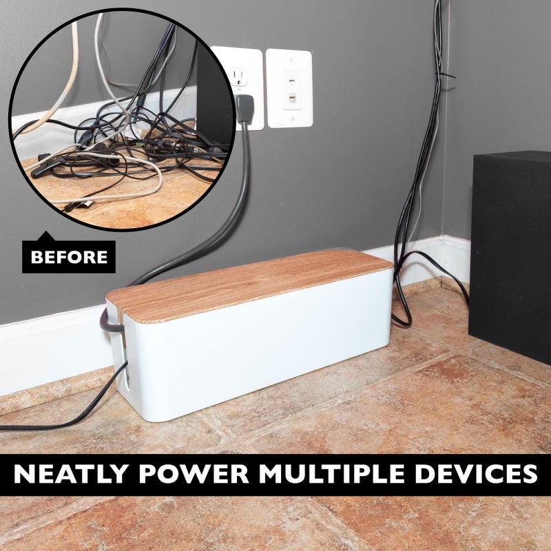 Iron Forge Cable Cable Management Box, 2 Pack - White Cord Organizer with Wood Top - Hider for Wires, Power Strips, Surge Protectors & More - Includes Accessories - Image 4